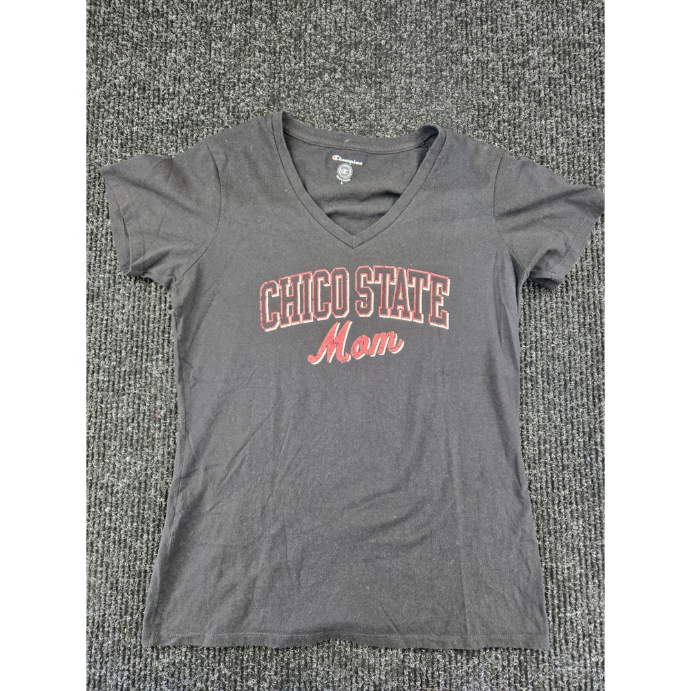 Champion Chico State Mom V-Neck Graphic T-Shirt Black Womens Large L Collegiate